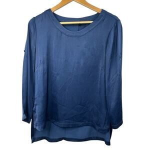 BCBG Maxazria Navy Blue satin blouse top shirt Size L Large Boatneck